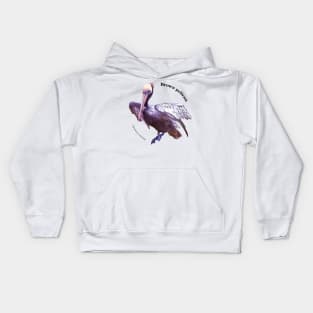 Brown pelican tropical bird pin black text Kids Hoodie